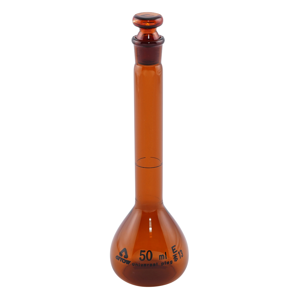 透明摺りメスフラスコ（硬質ガラス製） 茶 50mL