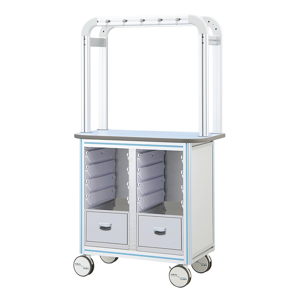 点滴作業台 片面型・引出し付きダブルフレーム 900×500×1650mm 2列×4段 ブルー OT9-2LB-L