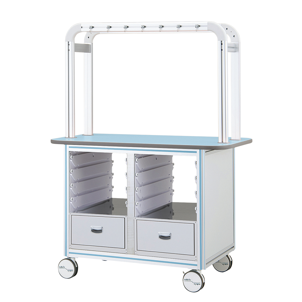 点滴作業台 対面型・引出し付きダブルフレーム 1200×900×1650mm 2列×4段 ブルー BT12-2LB-L