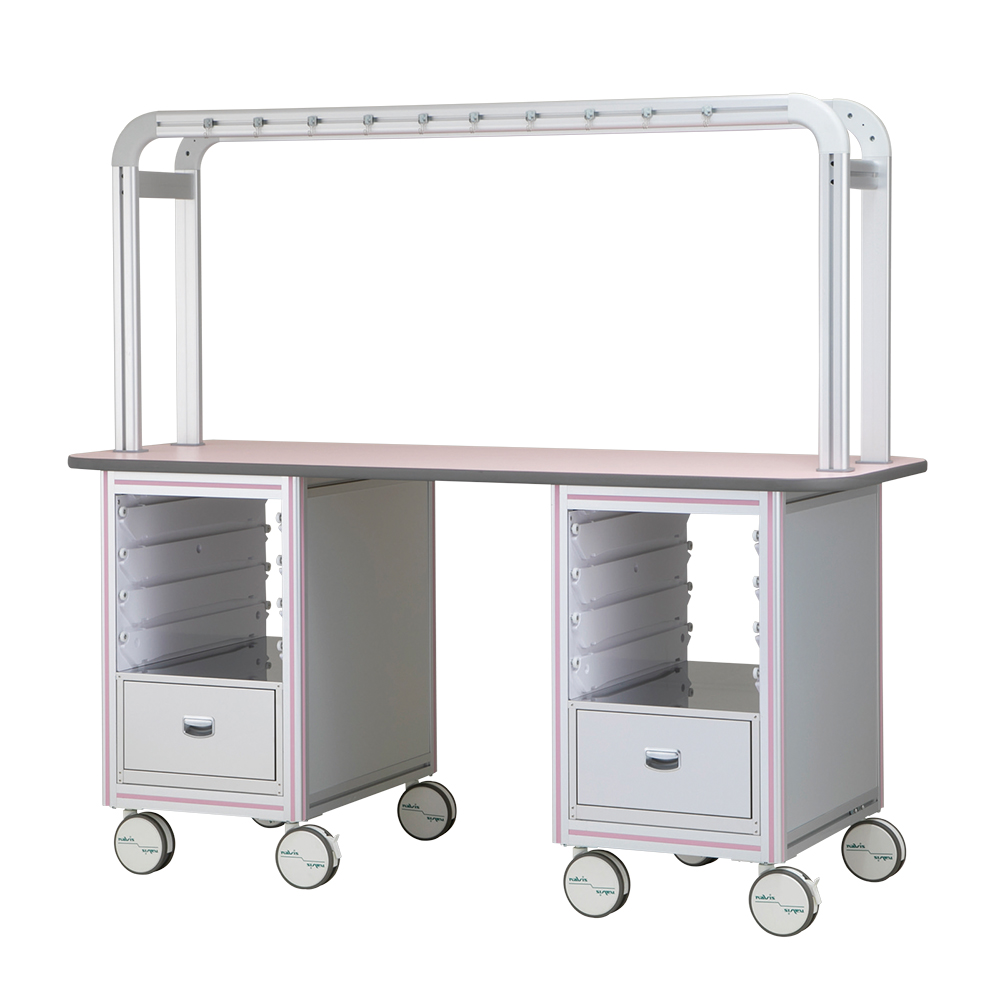 点滴作業台 対面型・引出し付きダブルフレーム 1800×900×1650mm 2列×4段 ピンク BT18-2LP-L