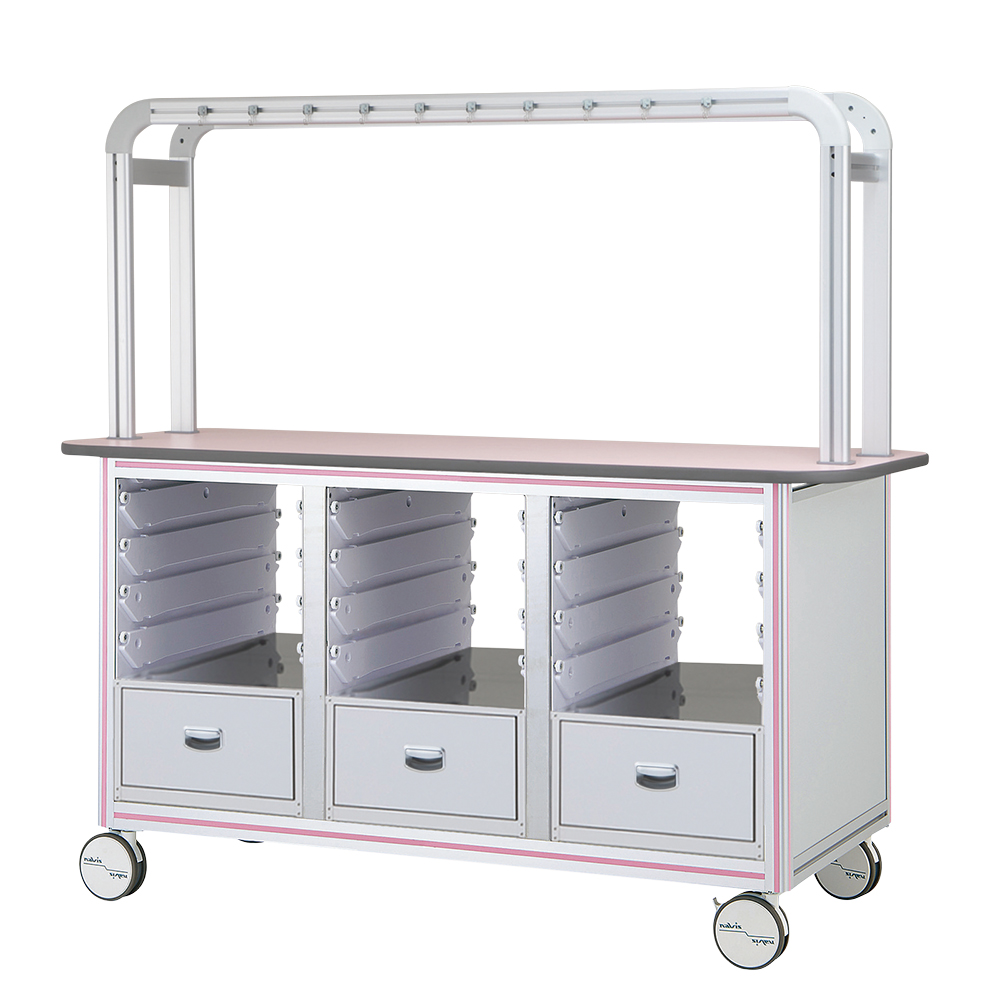 点滴作業台 対面型・引出し付きダブルフレーム 1800×900×1650mm 3列×4段 ピンク BT18-3LP-L