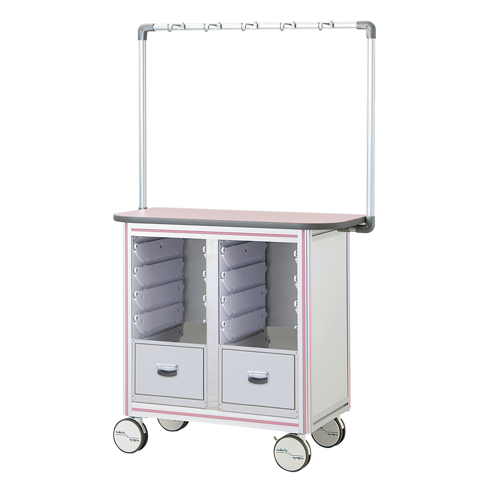 点滴作業台 片面型・引出し付きシングルフレーム 970×500×1675mm 2列×4段 ピンク TO9-2LP-L