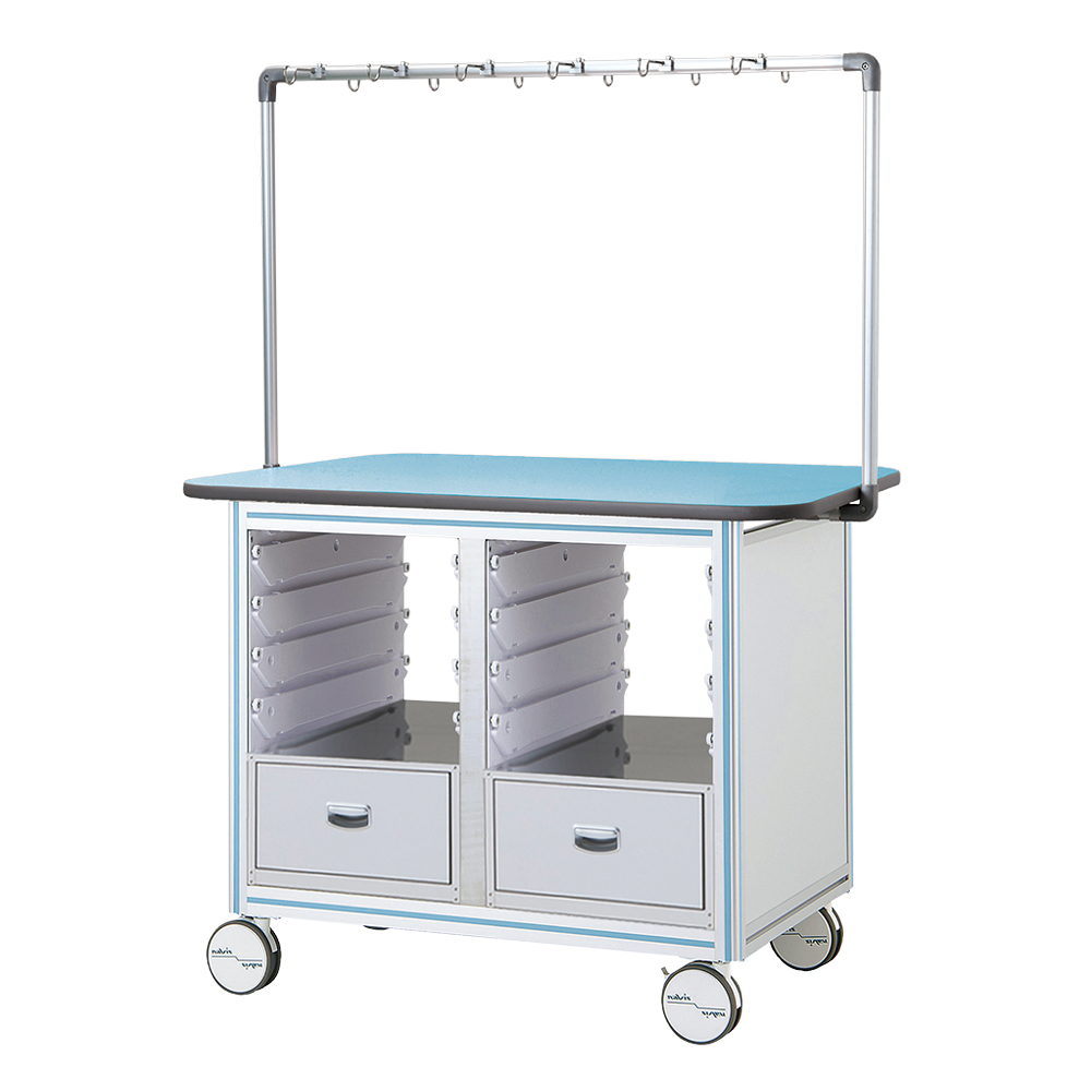 点滴作業台 対面型・引出し付きシングルフレーム 1270×900×1675mm 2列×4段 ブルー TB12-2LB-L