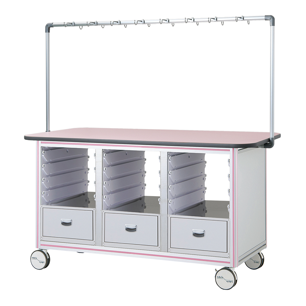 点滴作業台 対面型・引出し付きシングルフレーム 1870×900×1675mm 3列×4段 ピンク TB18-3LP-L