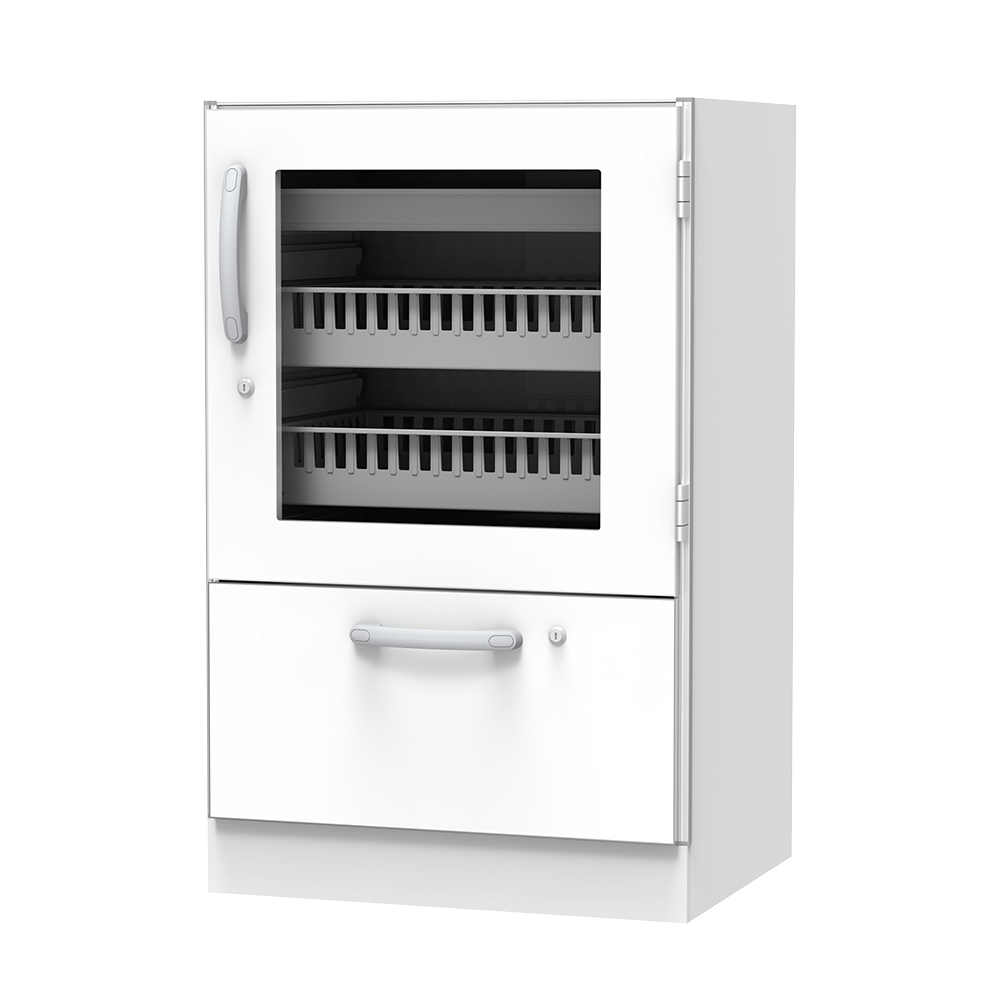 材料キャビネット（ロータイプ・トレイ収納+引出） 664×550×1050mm 片開きガラス扉 SL-TL