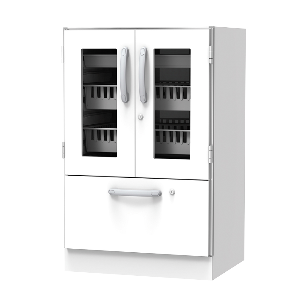 材料キャビネット（ロータイプ・トレイ収納+引出） 664×550×1050mm 両開きガラス扉 SL-TL