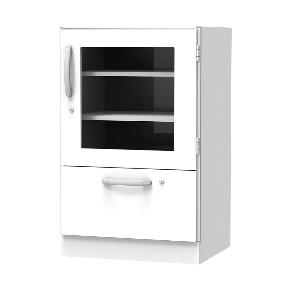 材料キャビネット（ロータイプ・棚板+引出） 664×550×1050mm 片開きガラス扉 SL-SL