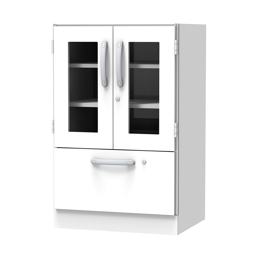 材料キャビネット（ロータイプ・棚板+引出） 664×550×1050mm 両開きガラス扉 SL-SL